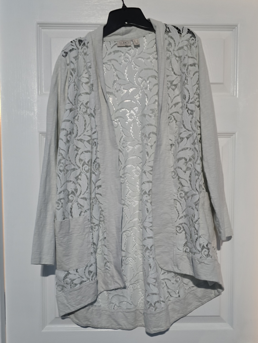 LOGO by Lori Goldstein Light Gray Lace-Back Open Cardigan